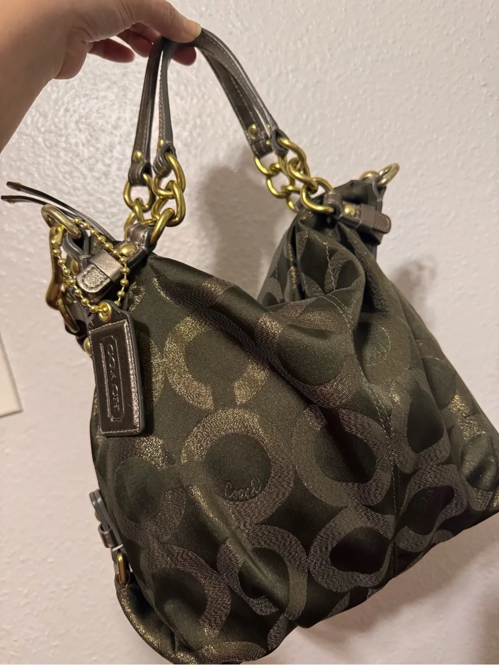 Coach Opt-Art Lurex Brooke Signature Jacquard Chain-Handle in Olive